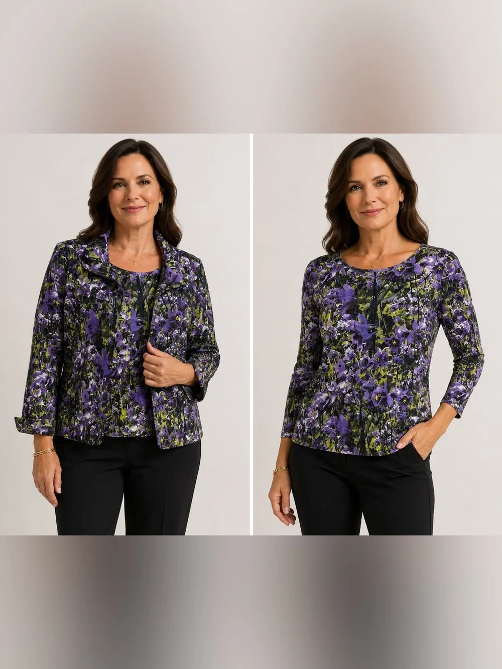 Escada Bigna Jacket Set Floral Purple Green EU38 US6 Designer Matching Set